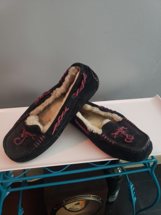 UGG Shoes - Women's Black Suede Moccasin Slippers with Pink Trim